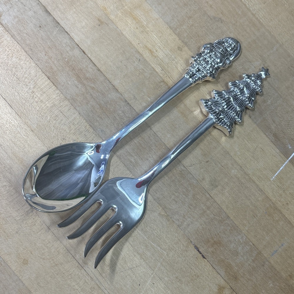 Vintage International Silver Christmas Serving Set Santa Tree Holiday Joy 2 Pc